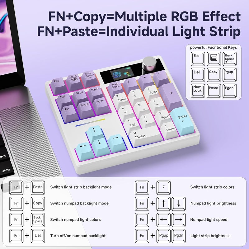 Boyi TD31Pro Mechanical Number Pad,Bluetooth5.0/2.4G/Type-C Wireless Numeric Keypad,RGB HotSwap Numpad with Screen&Knob,PBT Keycap Rechargeable Gasket Number keypad for PC Laptop Desktop(White-Purple) - Image 3